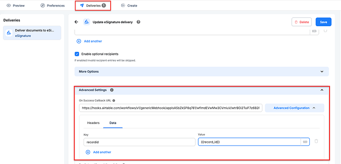 Configuring webhook in eSignature delivery