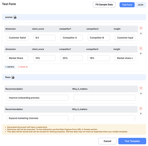 test form for scores and recommendations template